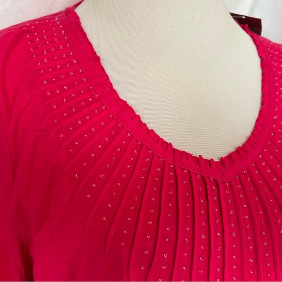 CHICO'S STRAWBERRY PINK PIN TUCK TOP 2 Large cotton beaded NWT New - Picture 1 of 12